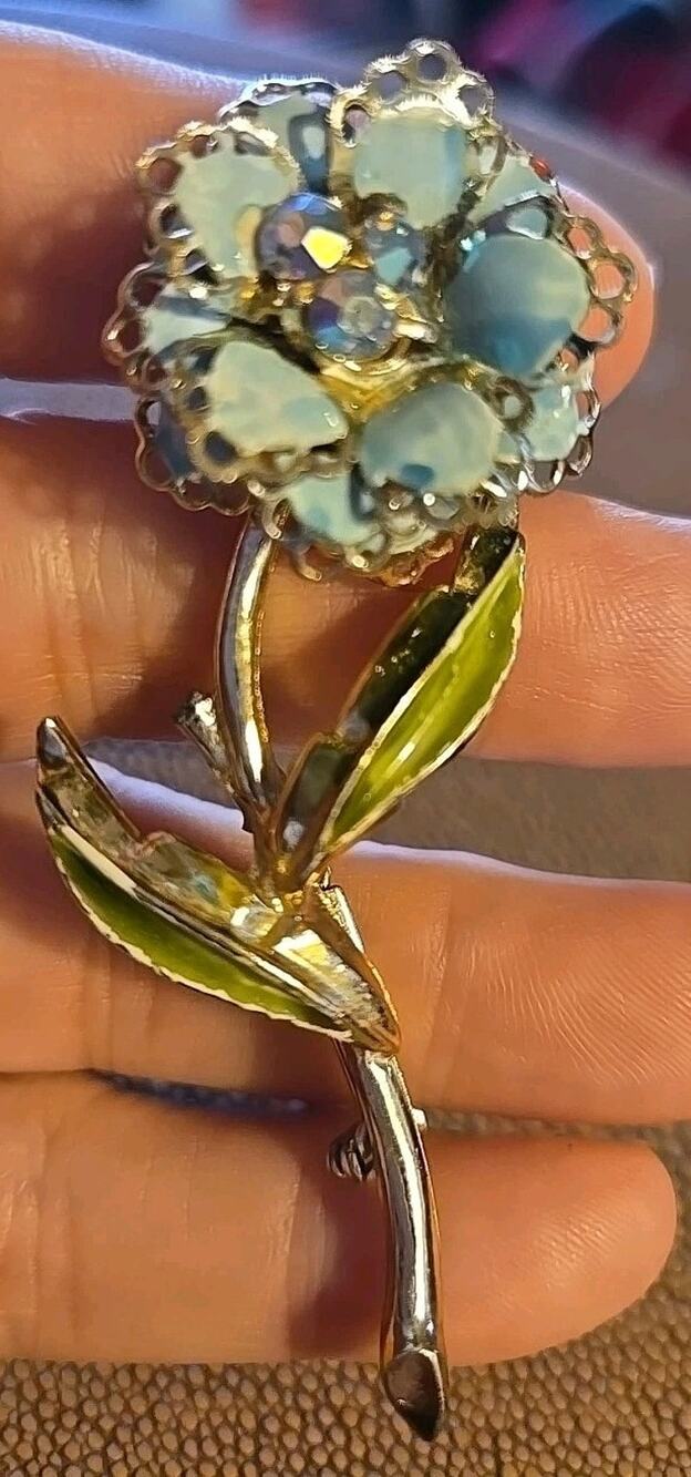 Vintage Enamel Blue Beaded Gold Tone Flower Brooch Aurora Borealis 2.25 Inch